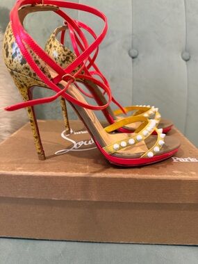 Christian Louboutin pink/ Yellow Studded Leopard-Accent Strappy Heels 120 38.5